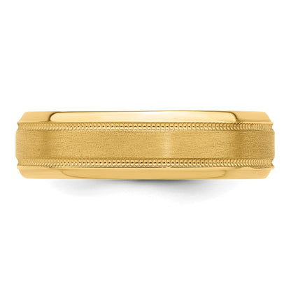14K Gelbgold 6 mm leichter Trauring mit Komfortpassform, gebürstet, satiniert/poliert, Milgrain und gerillter Kante
