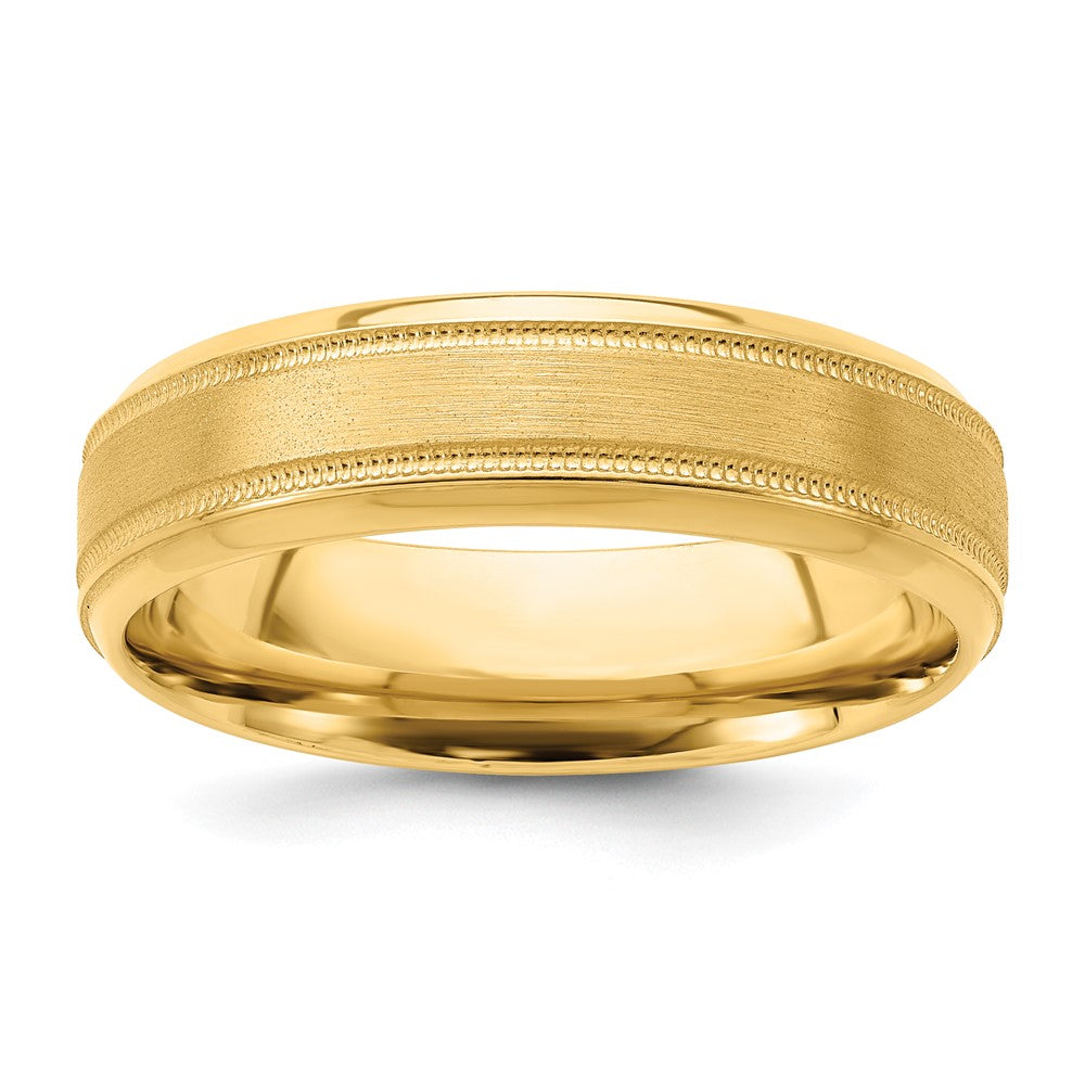 14K Gelbgold 6 mm Ehering mit hohem Gewicht, Komfortpassform, gebürstet-satiniert/poliert, Milgrain und gerillter Kante