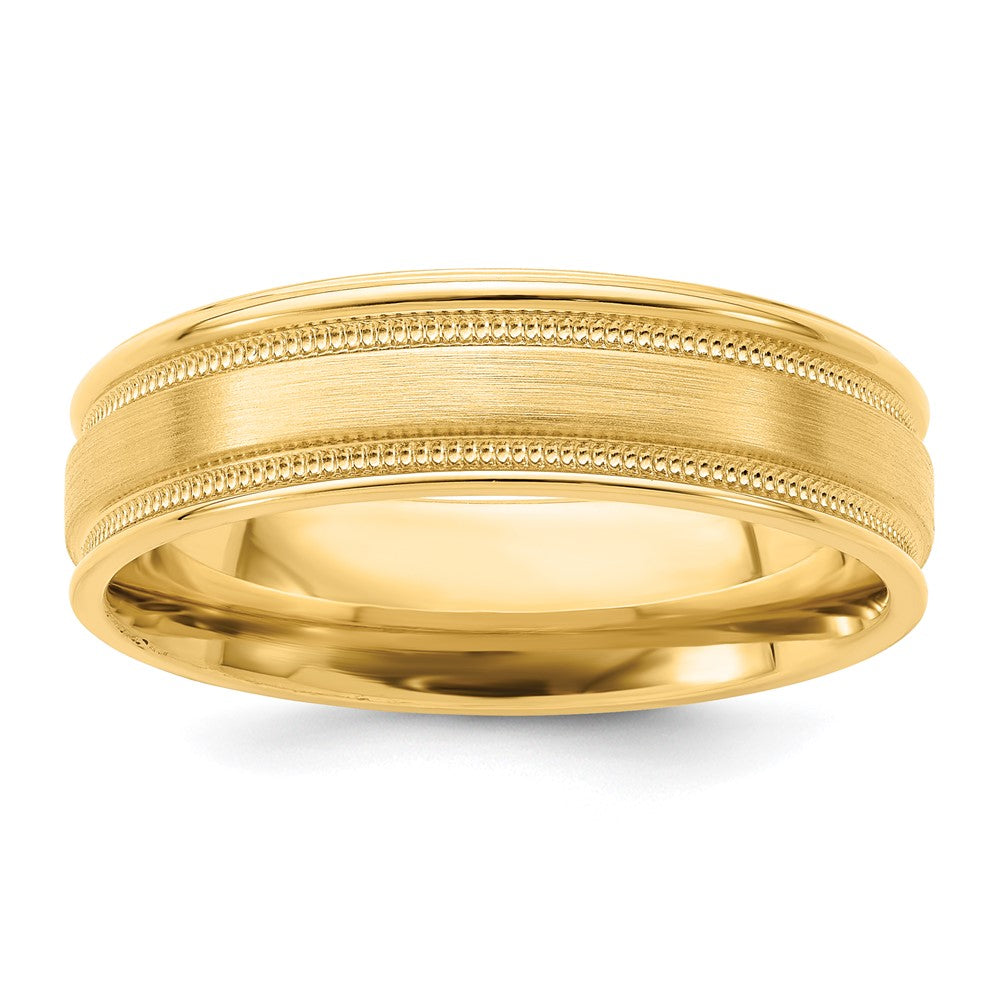 14K Gelbgold Ehering, 6 mm, leichte Komfortpassform, gebürstet-satiniert/poliert, mit gerillter Milgrain-Kante