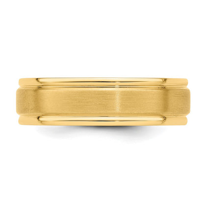 14K Gelbgold 6 mm Ehering mit Standardgewicht, Komfort-Passform, gebürstet-satinierter/polierter Oberfläche und gerillter Kante