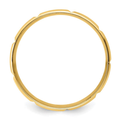 14K Gelbgold 6 mm Leichter Komfortpassform-Ehering mit gebürsteter/polierter abgeschrägter Kante und vertikalen Linien