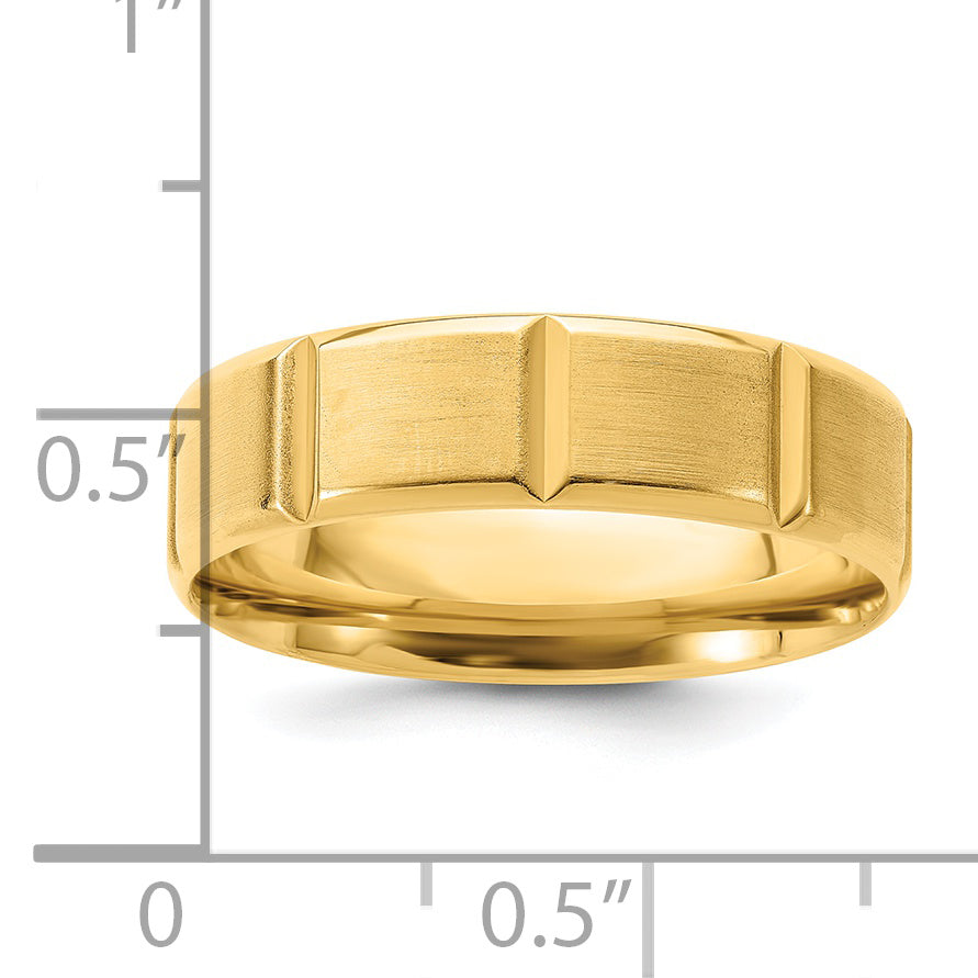 14K Gelbgold 6 mm schwerer Ehering mit Komfort-Passform, gebürsteter/polierter abgeschrägter Kante und vertikalen Linien