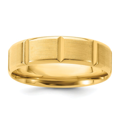 14K Gelbgold 6 mm schwerer Ehering mit Komfort-Passform, gebürsteter/polierter abgeschrägter Kante und vertikalen Linien