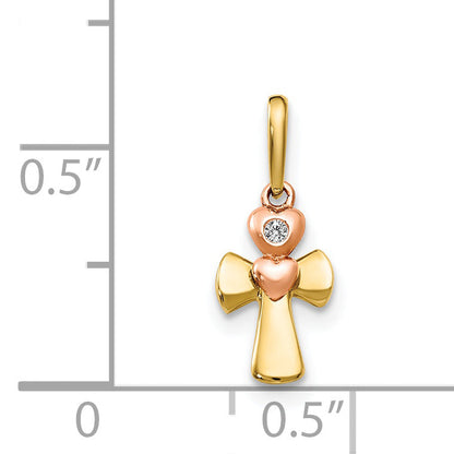 14K Bicolor 14K Gelb und Roségold Zirkonia Kinder Kreuz Herz Anhänger
