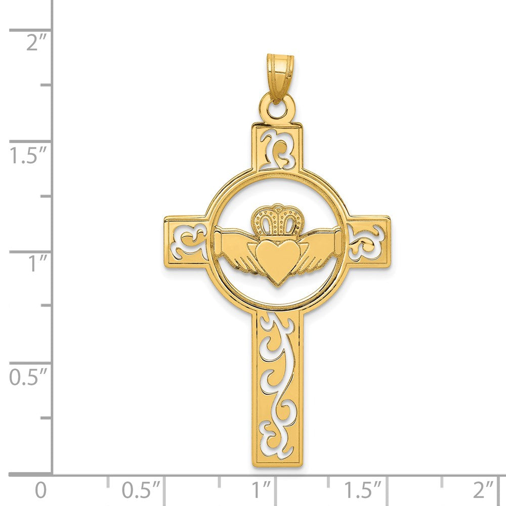 14K Gelbgold Claddagh-Kreuz-Charm, lasergeschnitten