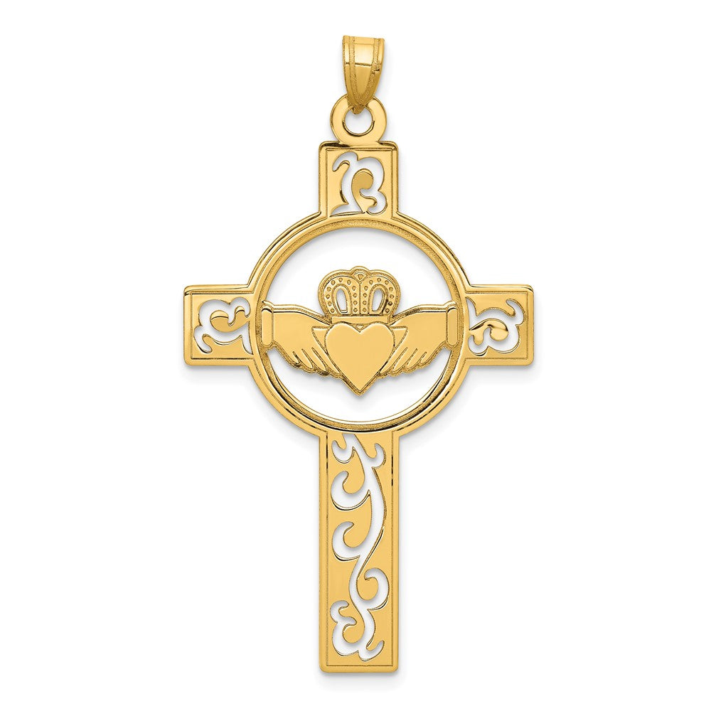 14K Gelbgold Claddagh-Kreuz-Charm, lasergeschnitten