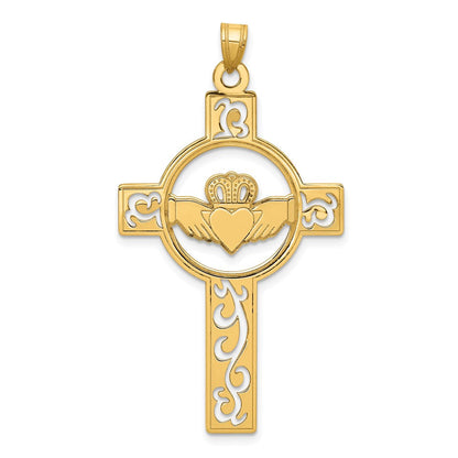 14K Gelbgold Claddagh-Kreuz-Charm, lasergeschnitten