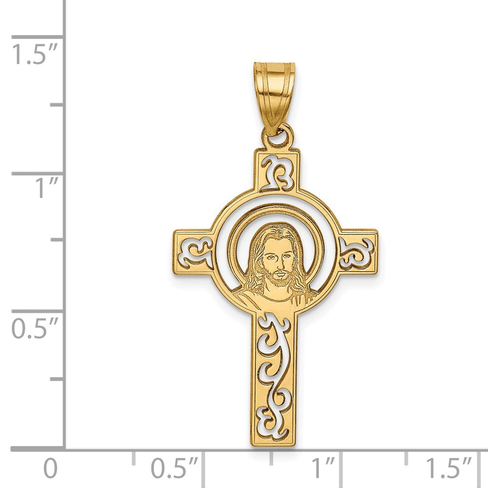 14K Gelbgold Lasergeschnittener Jesus-Gesicht-Kreuz-Charm