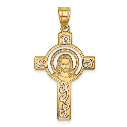 14K Gelbgold Lasergeschnittener Jesus-Gesicht-Kreuz-Charm