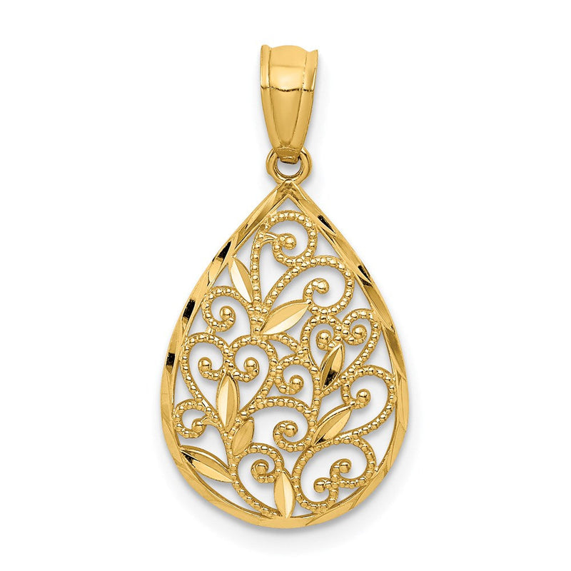 14K Gelbgold 14K Gold Poliert und Strukturiert Klein Filigran Tropfen Anhänger