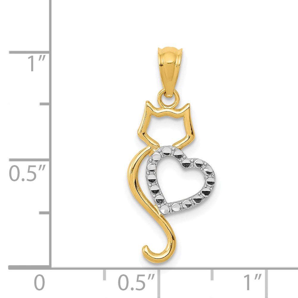 14K Gelb & Rhodium 14K Rhodiniert Poliert Katze mit Herz Anhänger