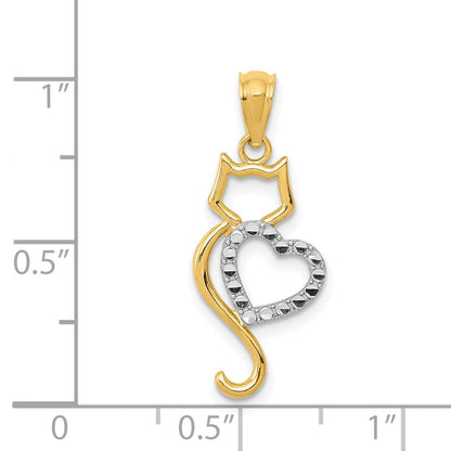 14K Gelb & Rhodium 14K Rhodiniert Poliert Katze mit Herz Anhänger
