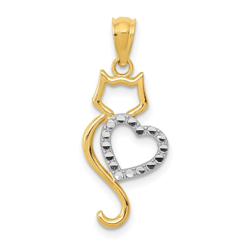 14K Gelb & Rhodium 14K Rhodiniert Poliert Katze mit Herz Anhänger