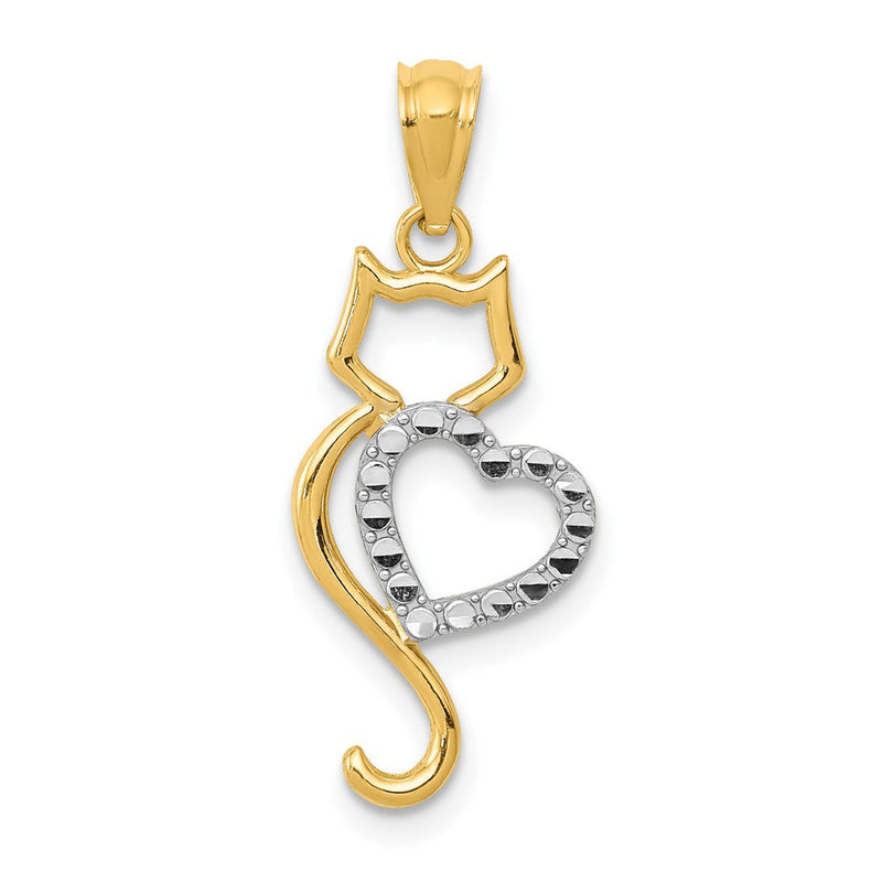 14K Gelb & Rhodium 14K Rhodiniert Poliert Katze mit Herz Anhänger