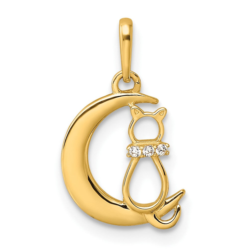 14K Gelbgold 14K Childrens Zirkonia Katze und Mond Anhänger