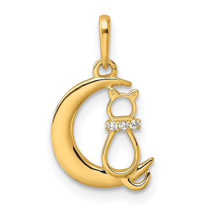 14K Gelbgold 14K Childrens Zirkonia Katze und Mond Anhänger