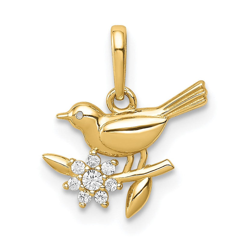 14K Gelbgold 14K Vogel auf A Branch Zirkonia Anhänger