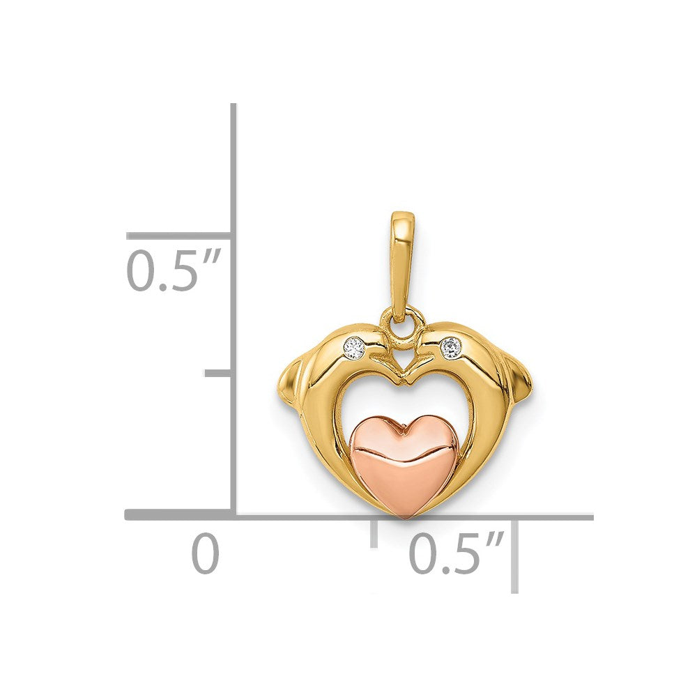 14K Bicolor 14K Bicolor Zirkonia Dolphins mit Herz Anhänger