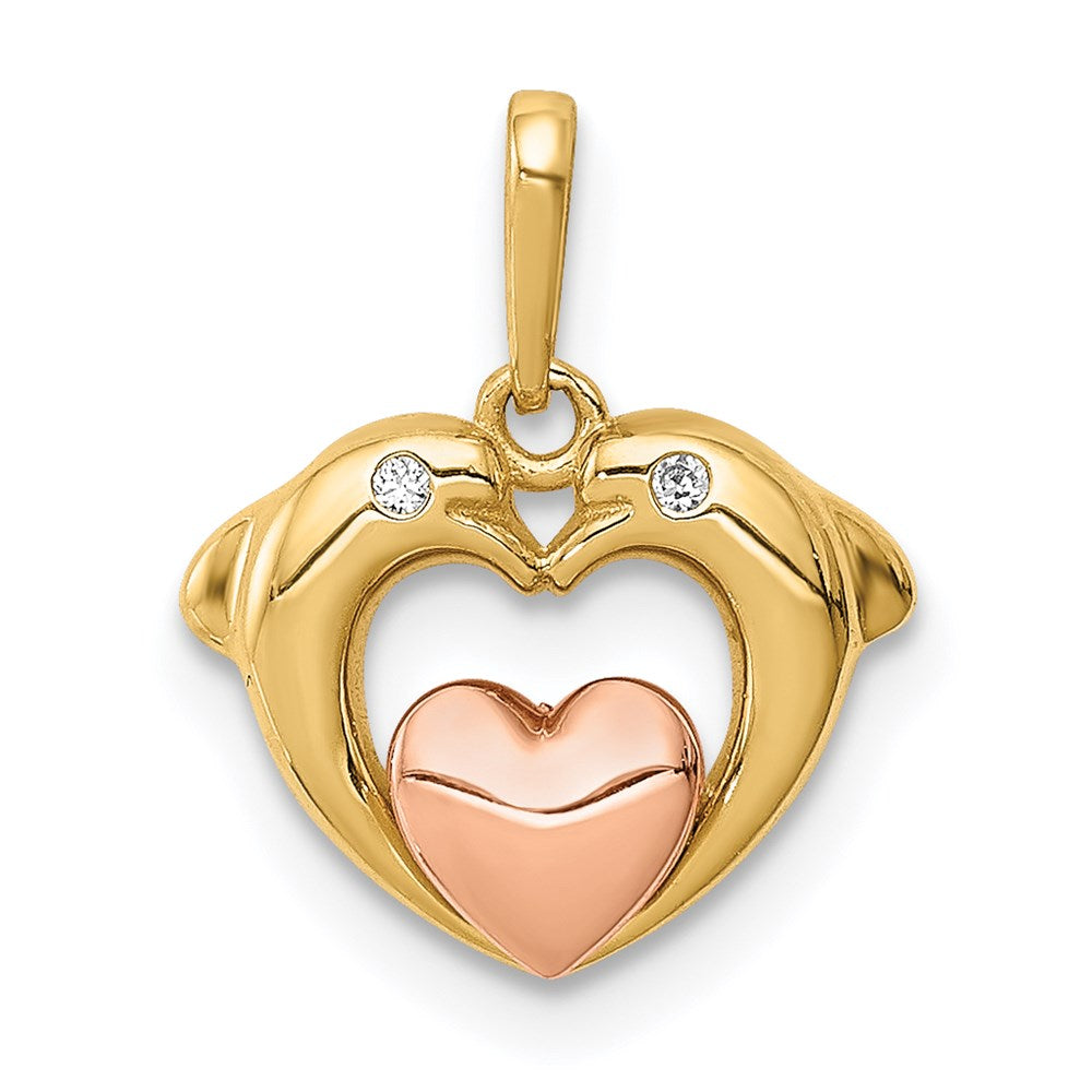 14K Bicolor 14K Bicolor Zirkonia Dolphins mit Herz Anhänger