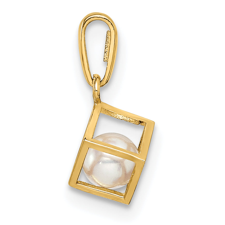 14K Gelbgold 14K 3d Quadratisch mit Fw Zuchtperle Anhänger