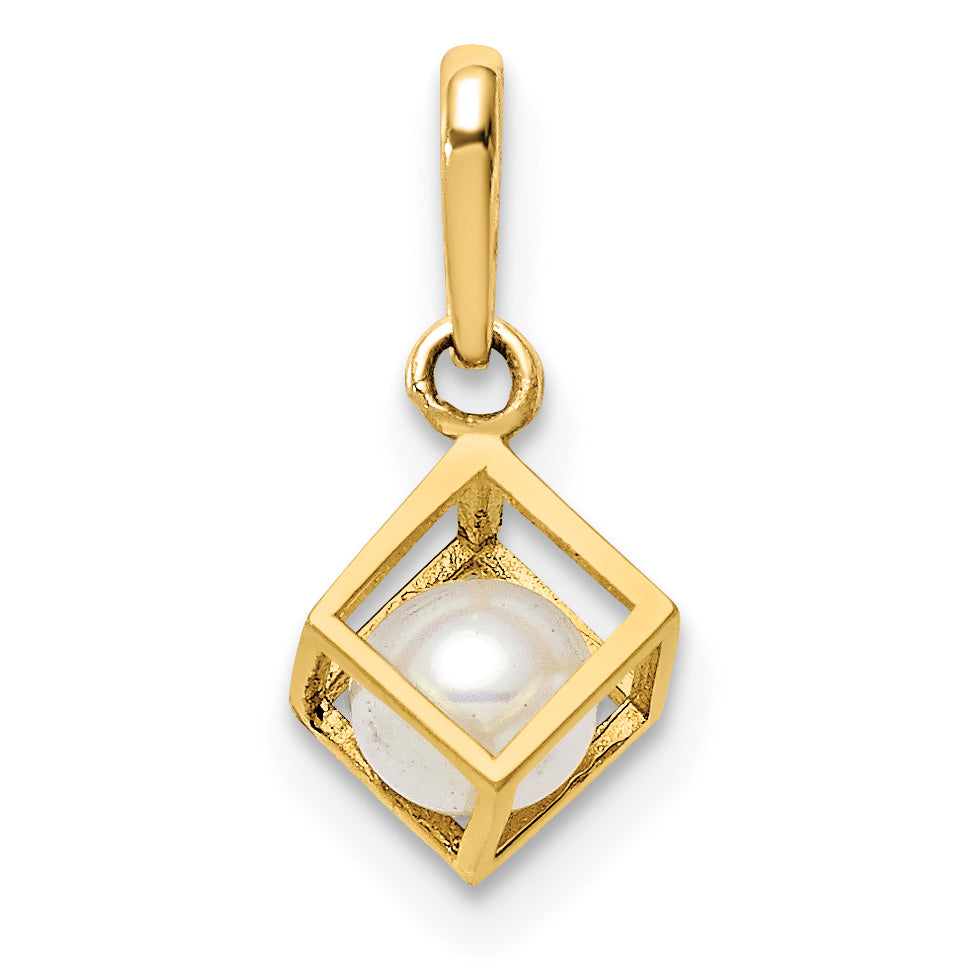 14K Gelbgold 14K 3d Quadratisch mit Fw Zuchtperle Anhänger