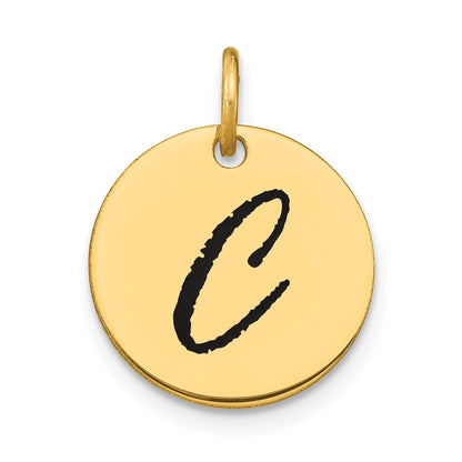 14K Gelbgold Polierter Scheiben-Charm mit Initiale „C“ und schwarzer Emaille