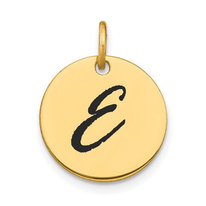 14K Gelbgold Charm mit polierter Initial-Scheibe „E" und schwarzer Emaille