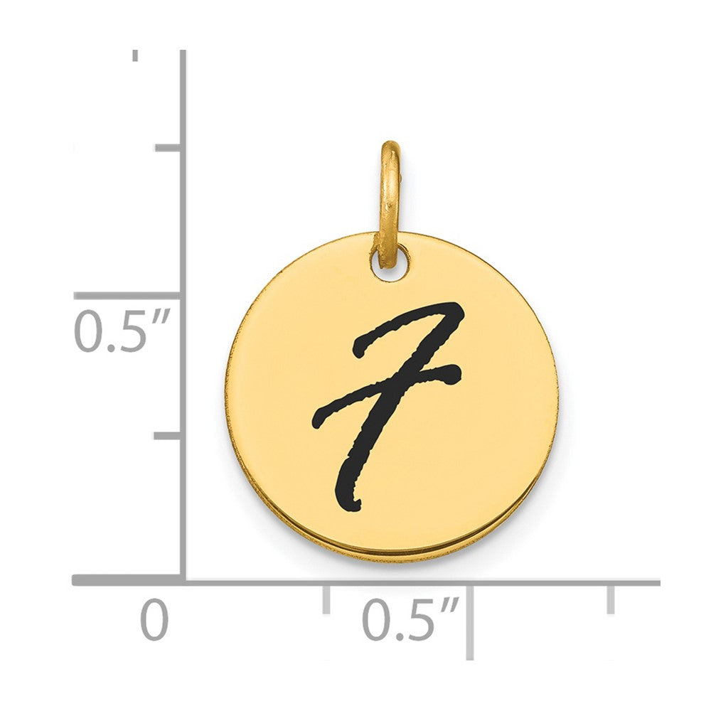 Charm mit Initialen-Scheibe Buchstabe F aus 14K Gelbgold, poliert, mit schwarzer Emaille