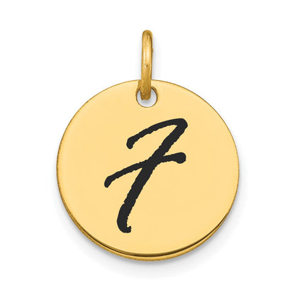 Charm mit Initialen-Scheibe Buchstabe F aus 14K Gelbgold, poliert, mit schwarzer Emaille