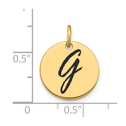 14K Gelbgold Charm mit poliertem Buchstaben-Anhänger "G" auf Scheibe mit schwarzer Emaille