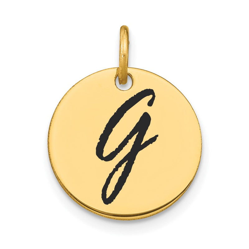 14K Gelbgold Charm mit poliertem Buchstaben-Anhänger "G" auf Scheibe mit schwarzer Emaille