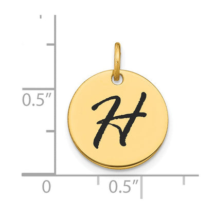 14K Gelbgold Polierter Buchstaben-Charm "H" mit schwarzer Emaille, Scheibenform