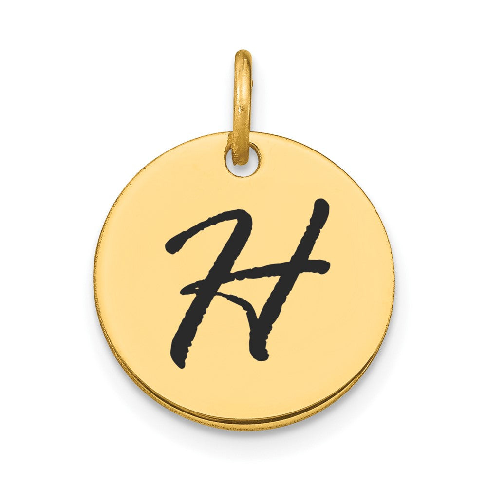 14K Gelbgold Polierter Buchstaben-Charm "H" mit schwarzer Emaille, Scheibenform