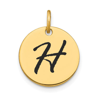 14K Gelbgold Polierter Buchstaben-Charm "H" mit schwarzer Emaille, Scheibenform
