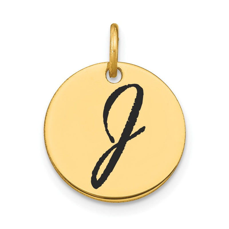 14K Gelbgold Polierter Initial-Scheiben-Charm mit schwarzer Emaille, Buchstabe J
