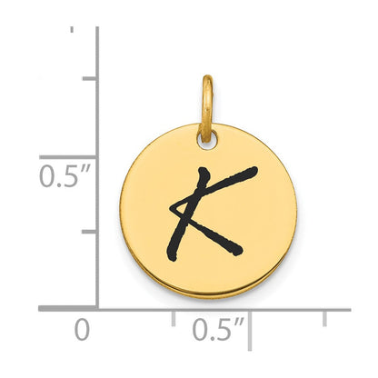 14K Gelbgold Charm mit Scheibe, poliert, schwarzes Emaille, Buchstabe K (Initiale)