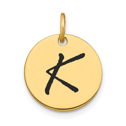 14K Gelbgold Charm mit Scheibe, poliert, schwarzes Emaille, Buchstabe K (Initiale)