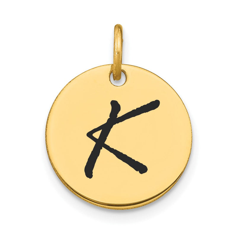 14K Gelbgold Charm mit Scheibe, poliert, schwarzes Emaille, Buchstabe K (Initiale)