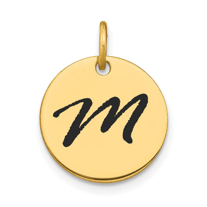 14K Gelbgold Charm mit Scheiben-Anhänger, poliert, schwarzem Emaille und Buchstabe M (Initiale)