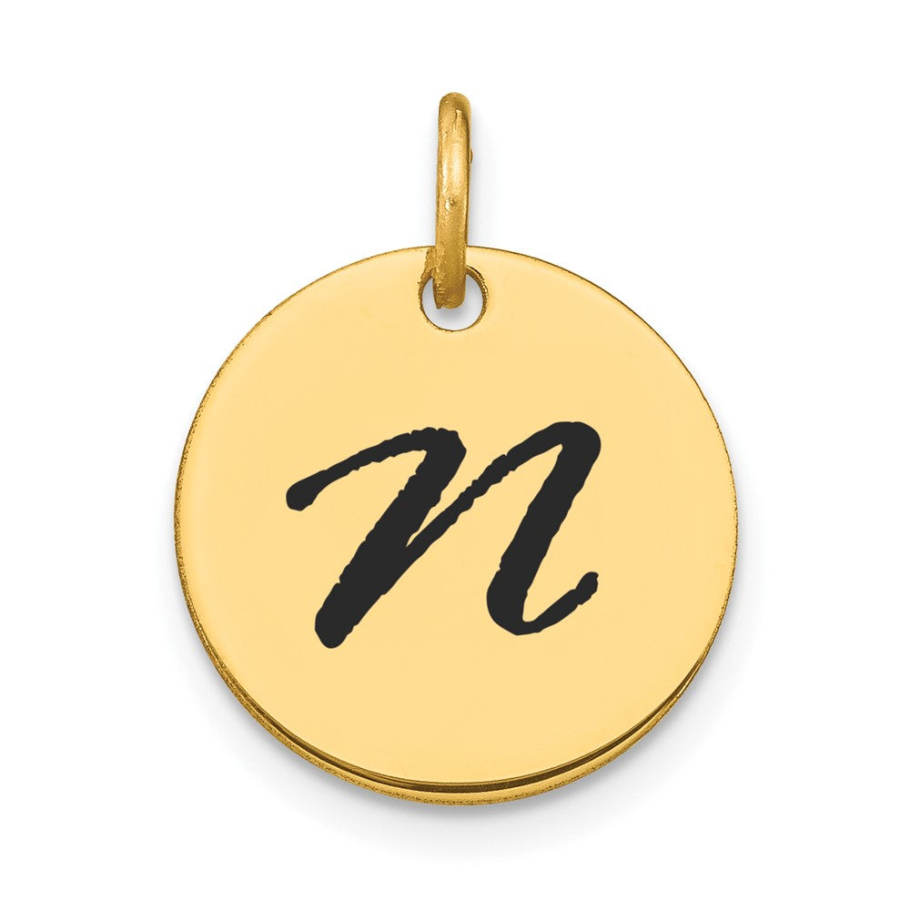 14K Gelbgold Polierter Scheiben-Charm mit Initiale „N“ in schwarzer Emaille
