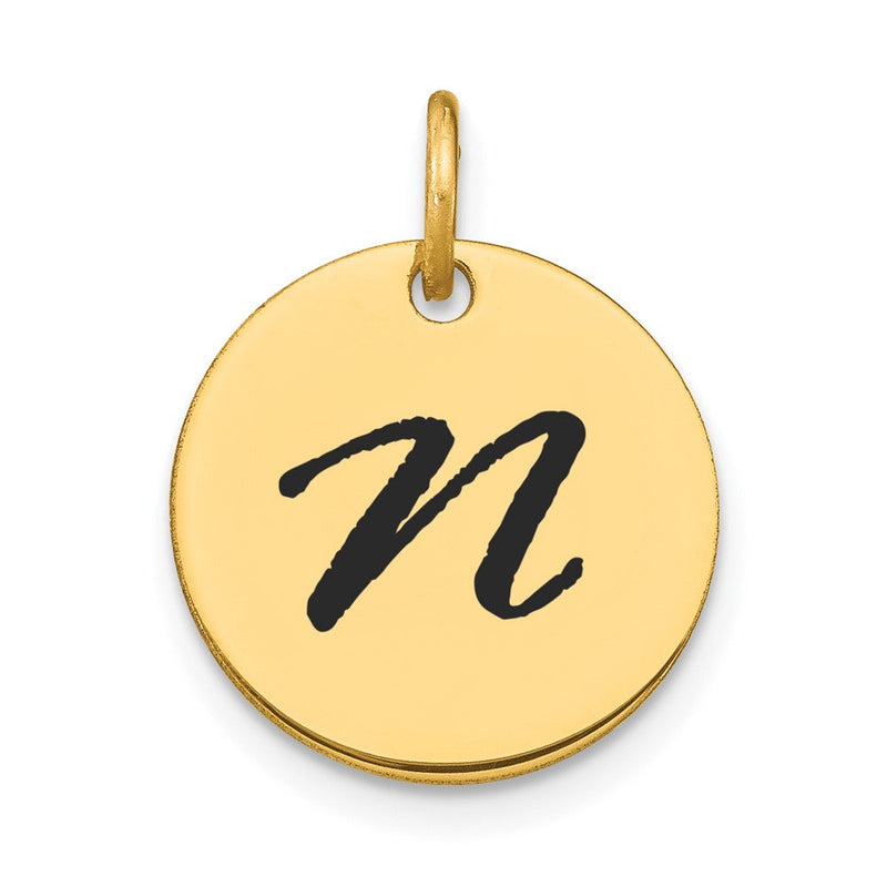 14K Gelbgold Polierter Scheiben-Charm mit Initiale „N“ in schwarzer Emaille