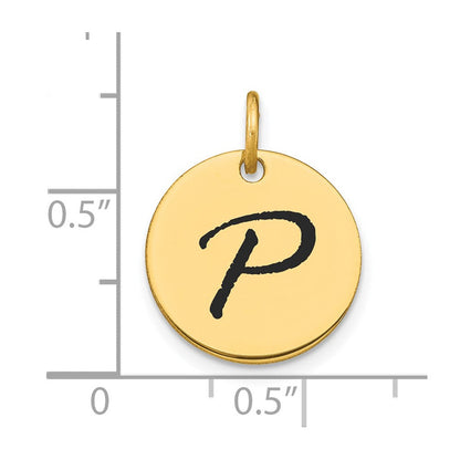 14K Gelbgold Polierter Initial-Scheiben-Charm Buchstabe P mit schwarzer Emaille