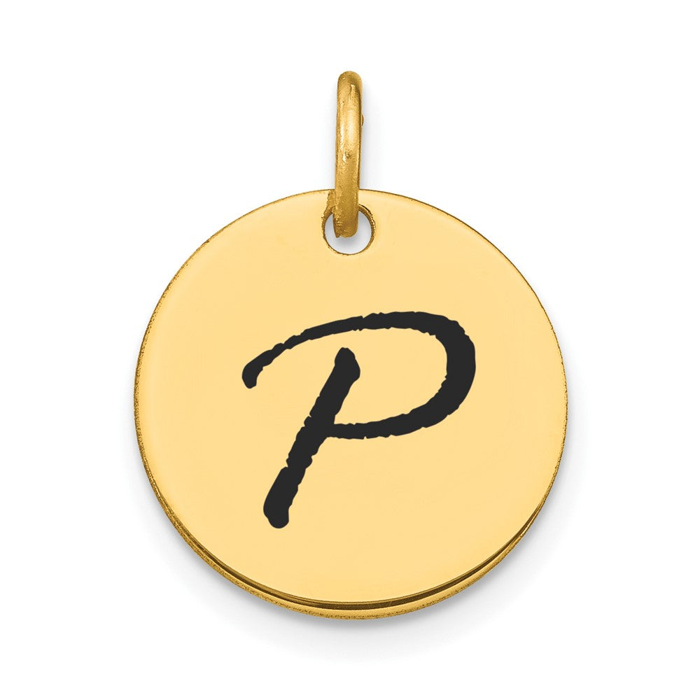 14K Gelbgold Polierter Initial-Scheiben-Charm Buchstabe P mit schwarzer Emaille