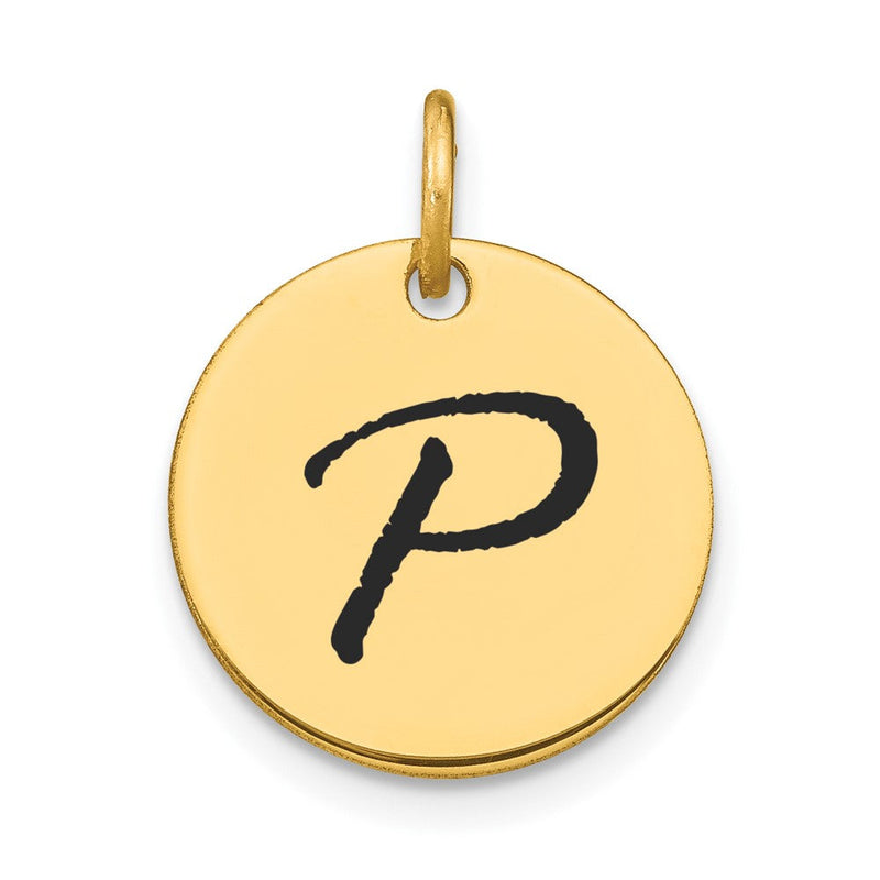 14K Gelbgold Polierter Initial-Scheiben-Charm Buchstabe P mit schwarzer Emaille