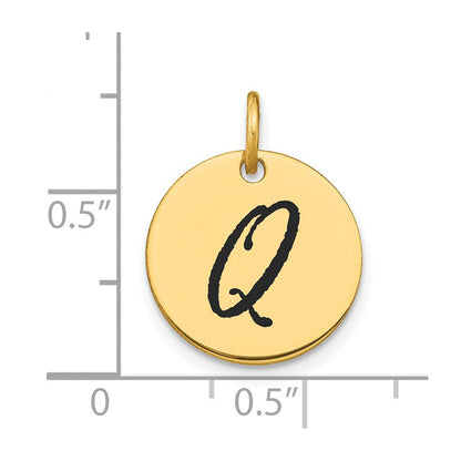 14K Gelbgold Polierter Initial-Scheiben-Charm Buchstabe Q mit schwarzer Emaille