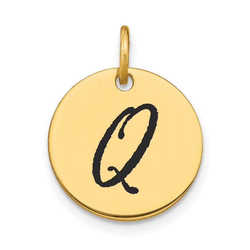 14K Gelbgold Polierter Initial-Scheiben-Charm Buchstabe Q mit schwarzer Emaille