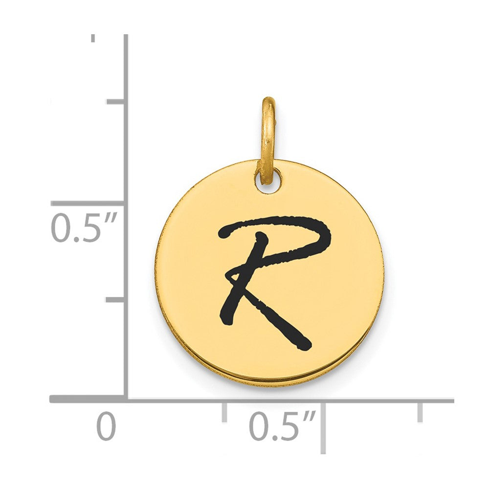 14K Gelbgold Polierter Buchstabe R Initial-Scheiben-Charm mit schwarzer Emaille