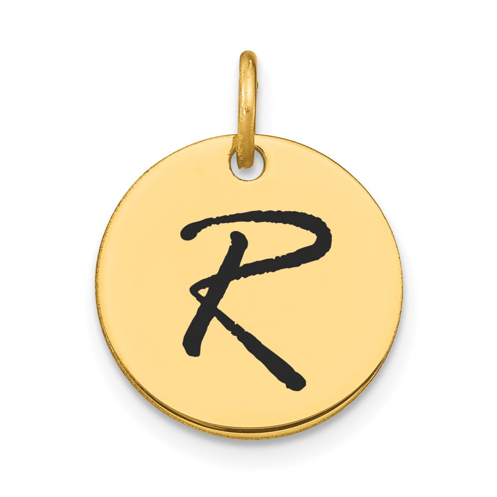 14K Gelbgold Polierter Buchstabe R Initial-Scheiben-Charm mit schwarzer Emaille