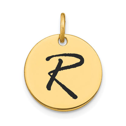 14K Gelbgold Polierter Buchstabe R Initial-Scheiben-Charm mit schwarzer Emaille