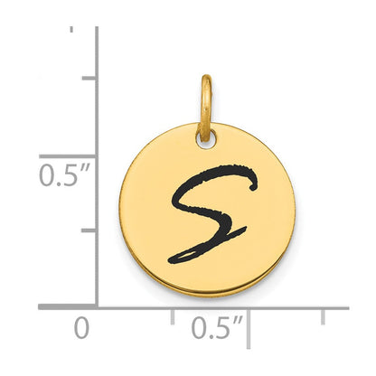 14K Gelbgold Polierter Buchstaben-Charm "S" mit schwarzem Emaille-Scheiben-Anhänger